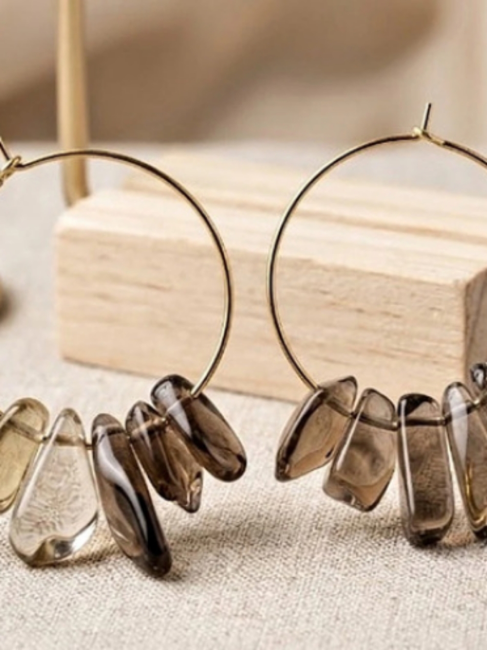 Smokey Quartz Crystal Gold Hoop Earrings - Boho Natural